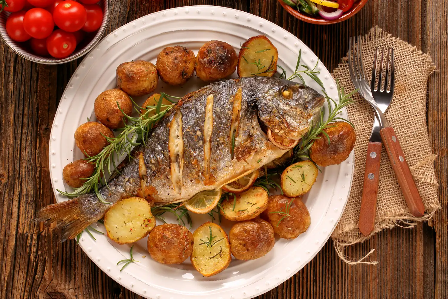 grilled fish and roasted potatoes